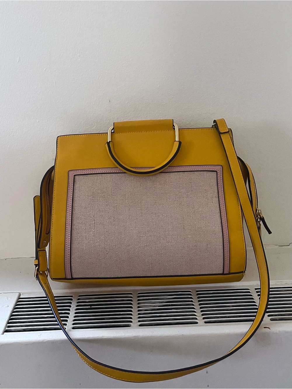 JustFab Yellow Beige Structured Top Handle Shoulder Bag Faux Leather Canvas
